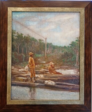 JOSÉ BOSCAGLISiena IT 1862 - Rio de Janeiro BR 1945 Título: Roosevelt and Rondon to descend the Duvida river. Reprodução em tela assinada CIE Data: 1914, 27 de fevereiro Local: Vilhena (atual Rondônia) Acervo Memória Civelli Produções Culturais, RJ Dimensões: 0.490 X 0.380 m Suporte: Canvas algodão